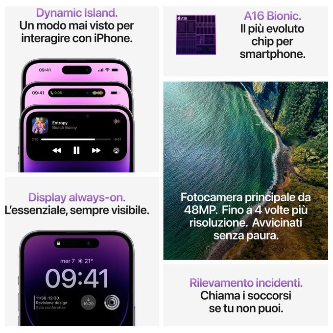 Apple MQ9U3QL-A iPhone 14 Pro Max Smartphone 6,7'' 256 GB 48MP 5G Chip A16 Bionic colore Nero