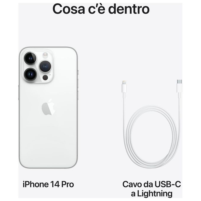 Apple MQ023QL-A iPhone 14 Pro Smartphone 6.1'' OLED 128GB 5G Chip A16 Tripla Camera 48MP colore Argento