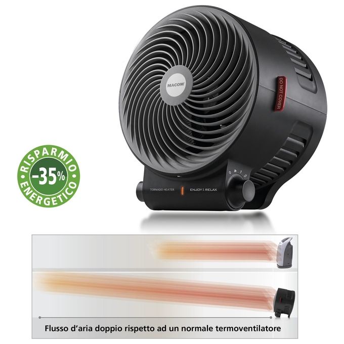 Macom Tornado Heater (mod. 938) - Termoventilatore da tavolo, potenza 2.000 W, 2 livelli di calore, termostato regolabile, funzione ventilazione, Nero