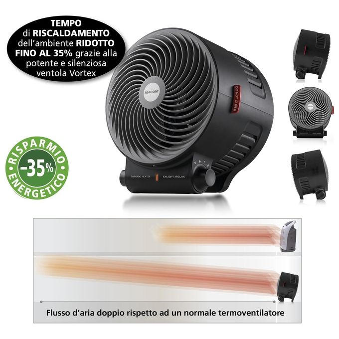 Macom Tornado Heater (mod. 938) - Termoventilatore da tavolo, potenza 2.000 W, 2 livelli di calore, termostato regolabile, funzione ventilazione, Nero