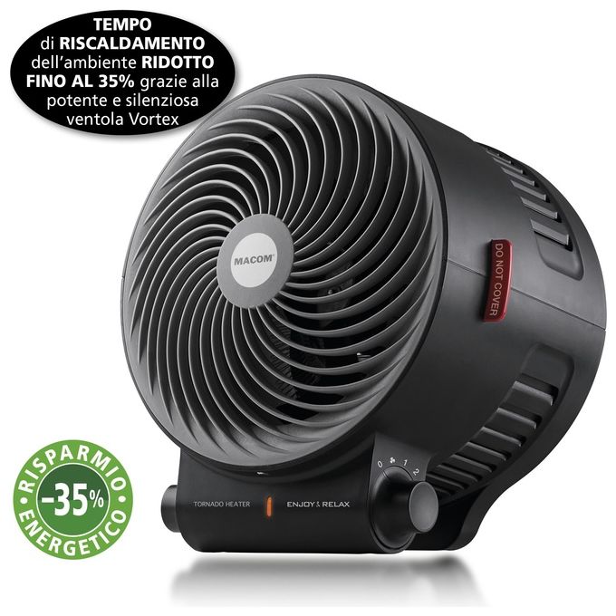 Macom Tornado Heater (mod. 938) - Termoventilatore da tavolo, potenza 2.000 W, 2 livelli di calore, termostato regolabile, funzione ventilazione, Nero