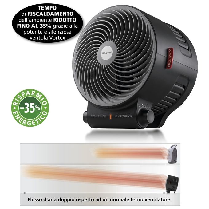 Macom Tornado Heater (mod. 938) - Termoventilatore da tavolo, potenza 2.000 W, 2 livelli di calore, termostato regolabile, funzione ventilazione, Nero
