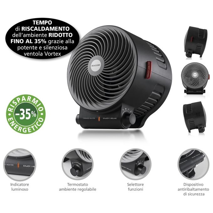 Macom Tornado Heater (mod. 938) - Termoventilatore da tavolo, potenza 2.000 W, 2 livelli di calore, termostato regolabile, funzione ventilazione, Nero
