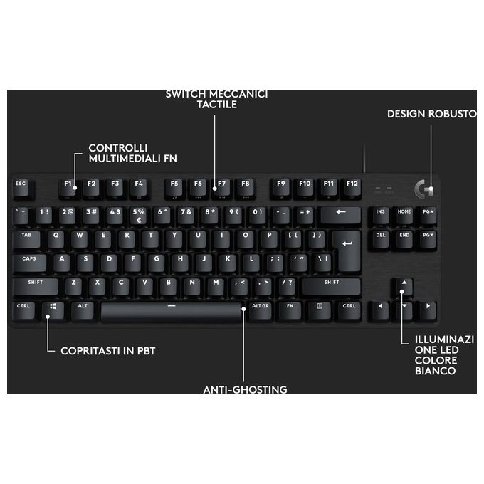 Logitech G 920-010808 G413 TKL SE Tastiera Gaming Meccanica Switch Tattili PBT Alluminio LED Bianco Anti-Ghosting 6-Tasti USB 1,8 m colore Nero