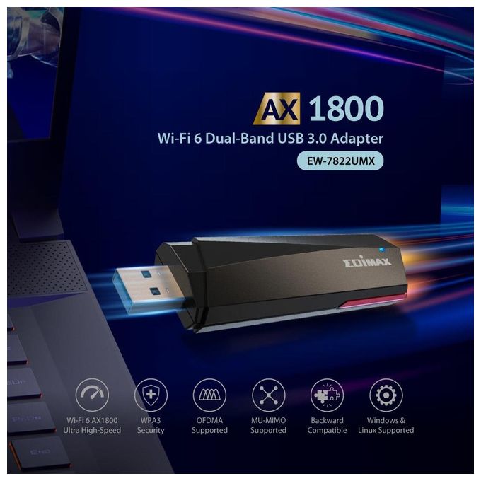 EDiMAX EW-7822UMX Adattatore Wi-Fi 6 Dual-Band USB 3.0 AX1800 fino a 1201 Mbps 2T2R WPA3 colore Nero