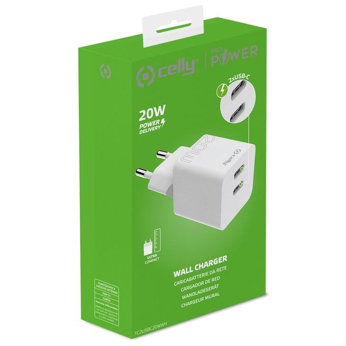 Celly Travel Charger 2 Usb-C 20W Bianco