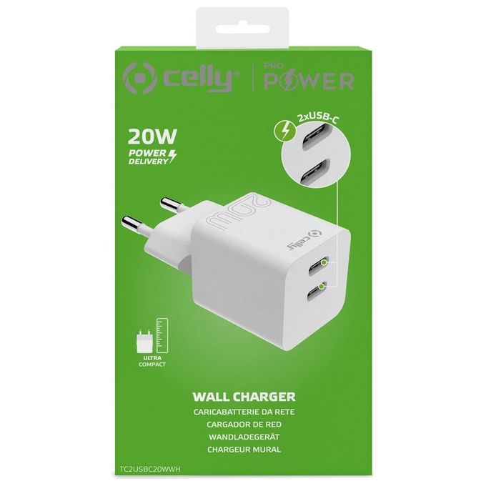Celly Travel Charger 2 Usb-C 20W Bianco