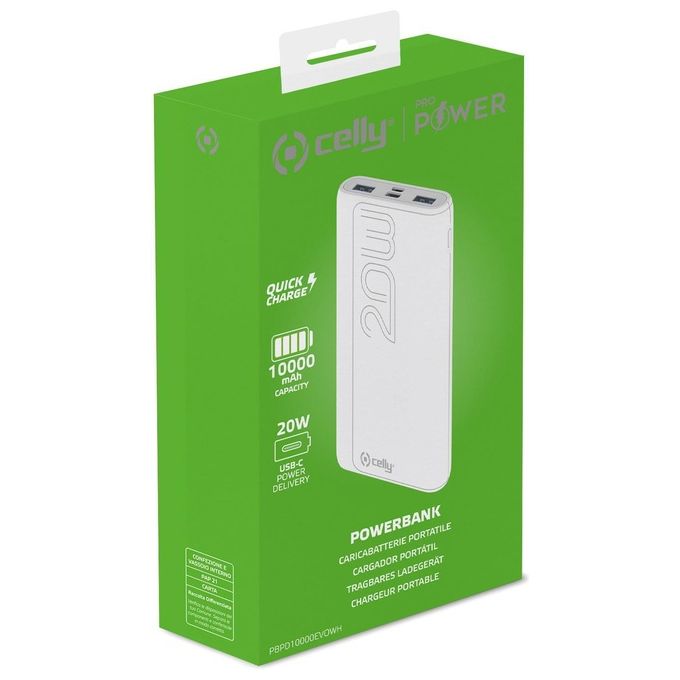 Celly PBPD10000EVOWH Power Bank 10000 mAh USB Power Delivery 20W 3 Porte Bianco