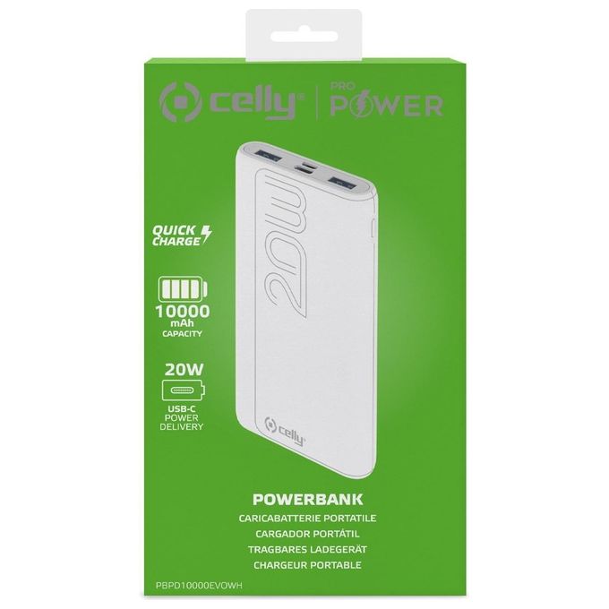 Celly PBPD10000EVOWH Power Bank 10000 mAh USB Power Delivery 20W 3 Porte Bianco