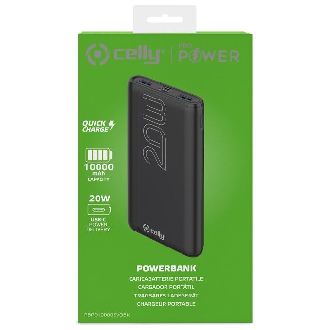 Celly PBPD10000EVOBK Power Bank 10000 mAh Power Delivery 20W 2 USB-A USB-C colore Nero