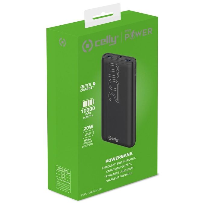Celly PBPD10000EVOBK Power Bank 10000 mAh Power Delivery 20W 2 USB-A USB-C colore Nero