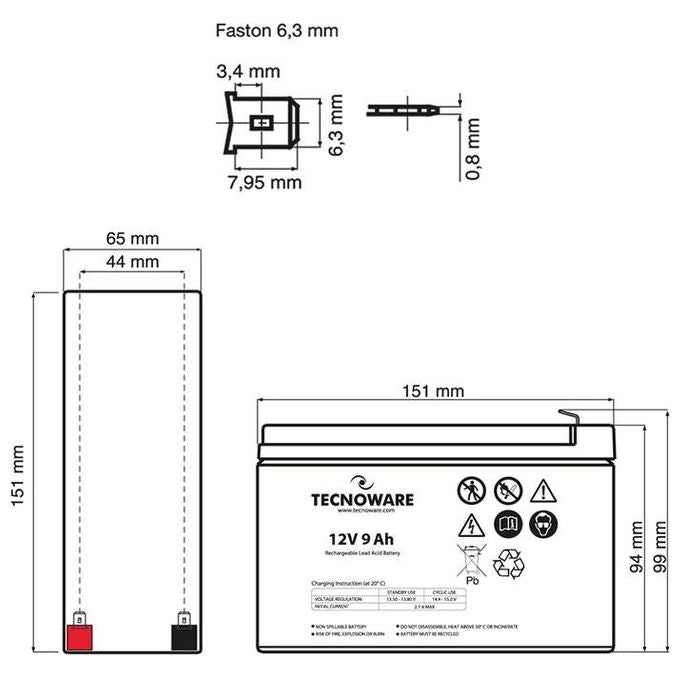 Tecnoware EACPE12V09ATWP Batteria al Piombo per UPS 12V 9Ah VRLA Ermetica Connettori FASTON 6.3 mm