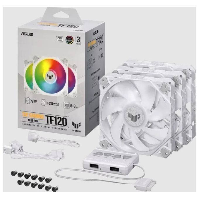 Asus 90DA0033-B09030 TUF Gaming TF120 Kit 3 Ventole ARGB 120mm PWM 1900 rpm 29 dB con Controller colore Bianco
