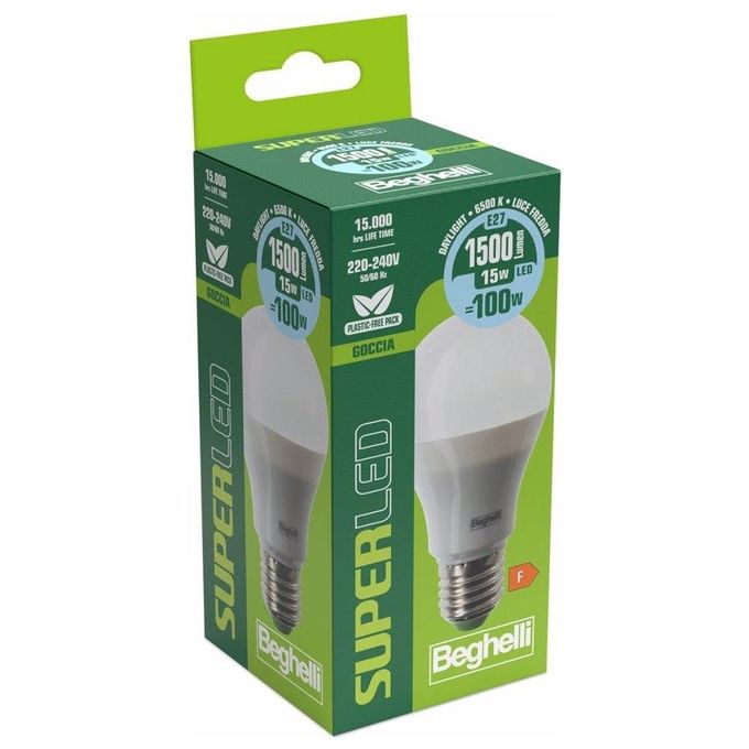 Beghelli Lampadina Led Goccia 15W e27 6500k Luce Fredda 1500 Lumen