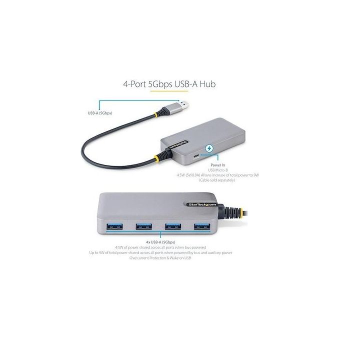 StarTech.com 5G4AB-USB-A-HUB Hub USB a 4 porte USB 3.2 Gen 1 5 Gbps Alimentazione Bus con Ingresso Micro USB Opzionale Cavo 30 cm colore Grigio