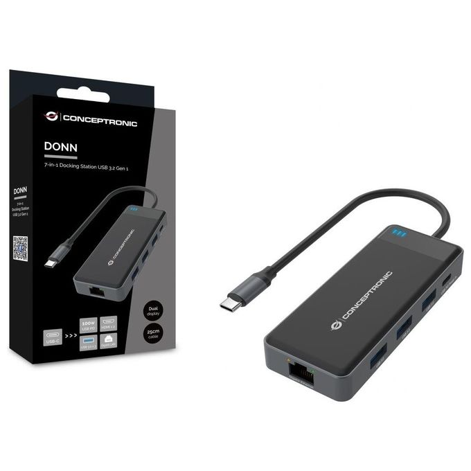 Conceptronic DONN14G Docking Station 7-in-1 USB 3.2 Gen 1 HDMI x2 USB-C PD 100W Ethernet Gigabit colore Grigio