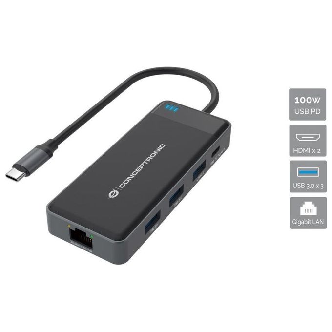 Conceptronic DONN14G Docking Station 7-in-1 USB 3.2 Gen 1 HDMI x2 USB-C PD 100W Ethernet Gigabit colore Grigio