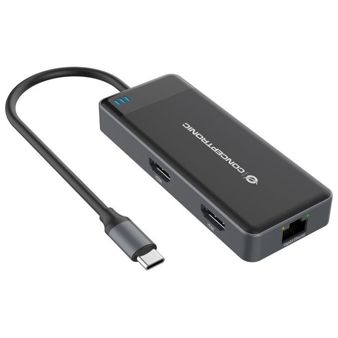 Conceptronic DONN14G Docking Station 7-in-1 USB 3.2 Gen 1 HDMI x2 USB-C PD 100W Ethernet Gigabit colore Grigio