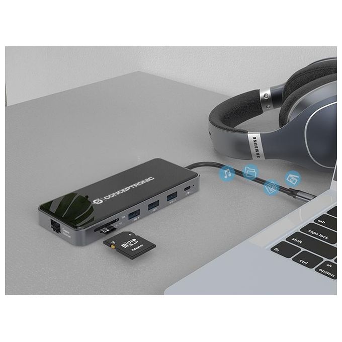 Conceptronic DONN15G Docking Station 12-in-1 USB-C 3.2 Gen 1 HDMI VGA USB 3.0 USB 2.0 SD TF MicroSD Audio GbE 100W USB PD colore Grigio