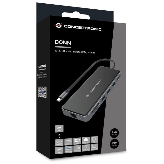 Conceptronic DONN15G Docking Station 12-in-1 USB-C 3.2 Gen 1 HDMI VGA USB 3.0 USB 2.0 SD TF MicroSD Audio GbE 100W USB PD colore Grigio