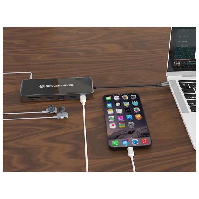 Conceptronic DONN15G Docking Station 12-in-1 USB-C 3.2 Gen 1 HDMI VGA USB 3.0 USB 2.0 SD TF MicroSD Audio GbE 100W USB PD colore Grigio
