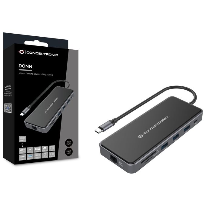 Conceptronic DONN15G Docking Station 12-in-1 USB-C 3.2 Gen 1 HDMI VGA USB 3.0 USB 2.0 SD TF MicroSD Audio GbE 100W USB PD colore Grigio
