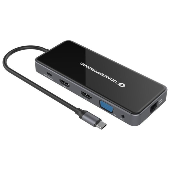 Conceptronic DONN15G Docking Station 12-in-1 USB-C 3.2 Gen 1 HDMI VGA USB 3.0 USB 2.0 SD TF MicroSD Audio GbE 100W USB PD colore Grigio