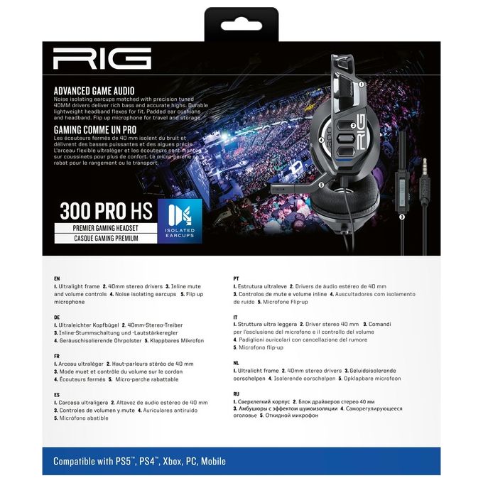 NACON 10-1368-05 RIG 300 PRO HS Cuffie da Gioco Compatibili PS4 PS5 Xbox Switch PC Driver 40 mm Microfono Rimovibile Connettore 3.5 mm colore Nero