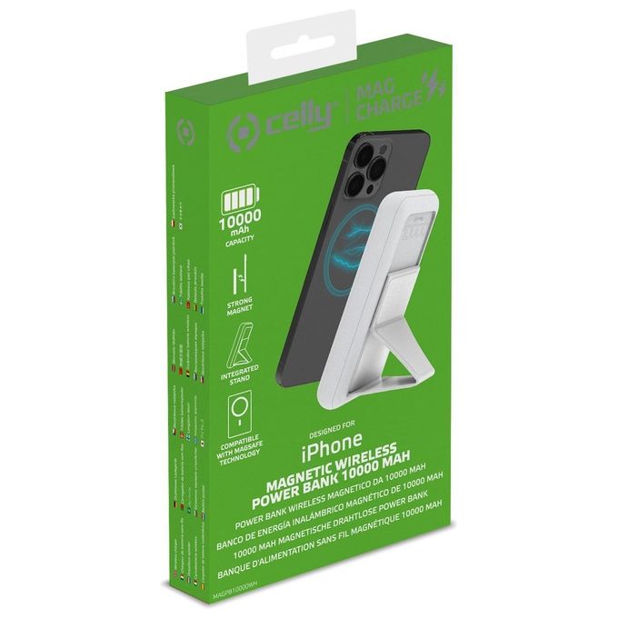 Celly MAGPB10000WH Power Bank MagSafe Wireless 10000 mAh 15W con Stand Integrato USB-A USB-C colore Bianco