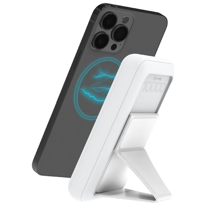 Celly MAGPB10000WH Power Bank MagSafe Wireless 10000 mAh 15W con Stand Integrato USB-A USB-C colore Bianco