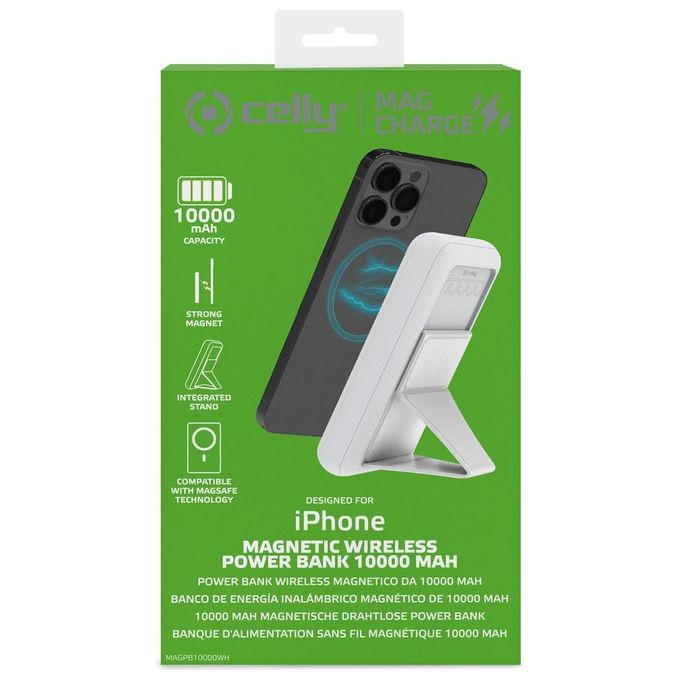 Celly MAGPB10000WH Power Bank MagSafe Wireless 10000 mAh 15W con Stand Integrato USB-A USB-C colore Bianco