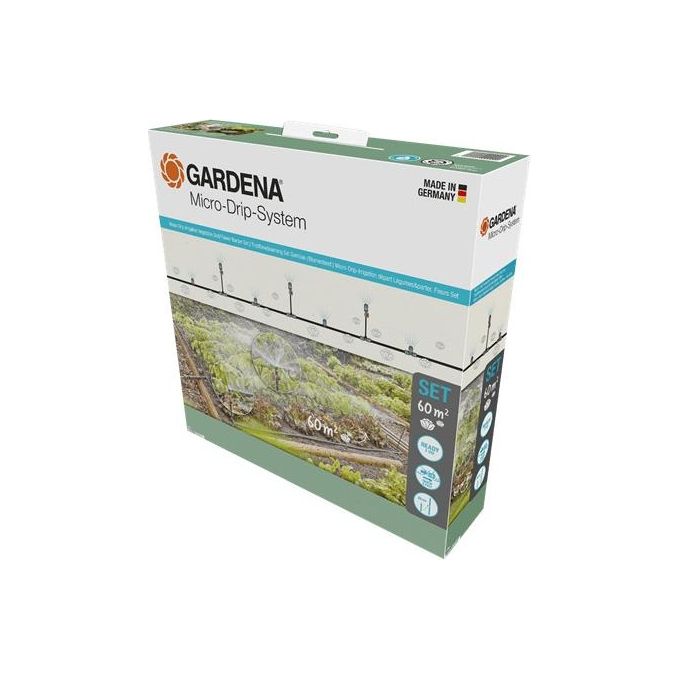Gardena 13450-20 Micro-Drip-System Start Set per Orti e Aiuole Irrigazione a Goccia e Nebulizzazione Fino a 60 m² con Tubo 25 m Valvole di Regolazione e Prolunghe colore Nero-Grigio