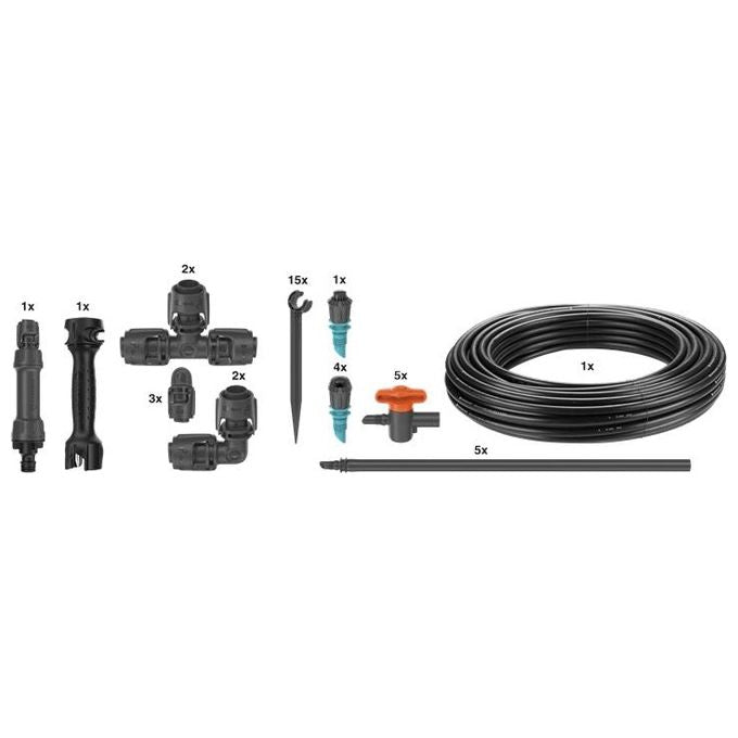 Gardena 13450-20 Micro-Drip-System Start Set per Orti e Aiuole Irrigazione a Goccia e Nebulizzazione Fino a 60 m² con Tubo 25 m Valvole di Regolazione e Prolunghe colore Nero-Grigio