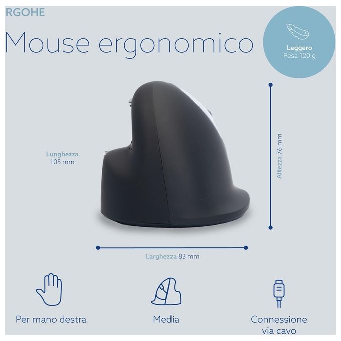 R Go Tools RGOHE Mouse Ergonomico Verticale per Destrorsi 5 Pulsanti 2400 DPI USB Tipo-A Nero