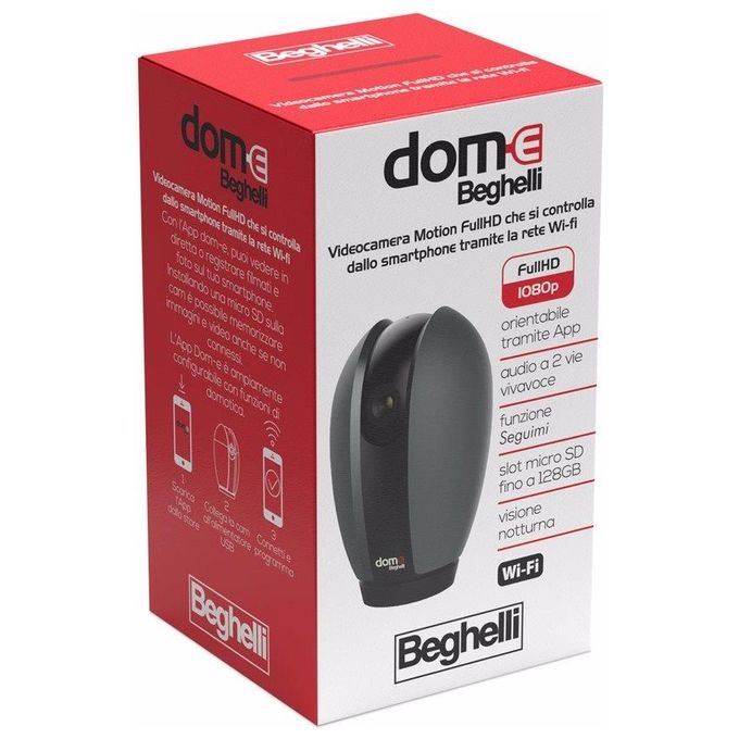 Beghelli 60021 Dom-e Telecamera Wi-Fi Motorizzata Full HD 1080p 2 MP Visione Notturna 10m Rotazione 355° Rilevatore Movimento colore Nero