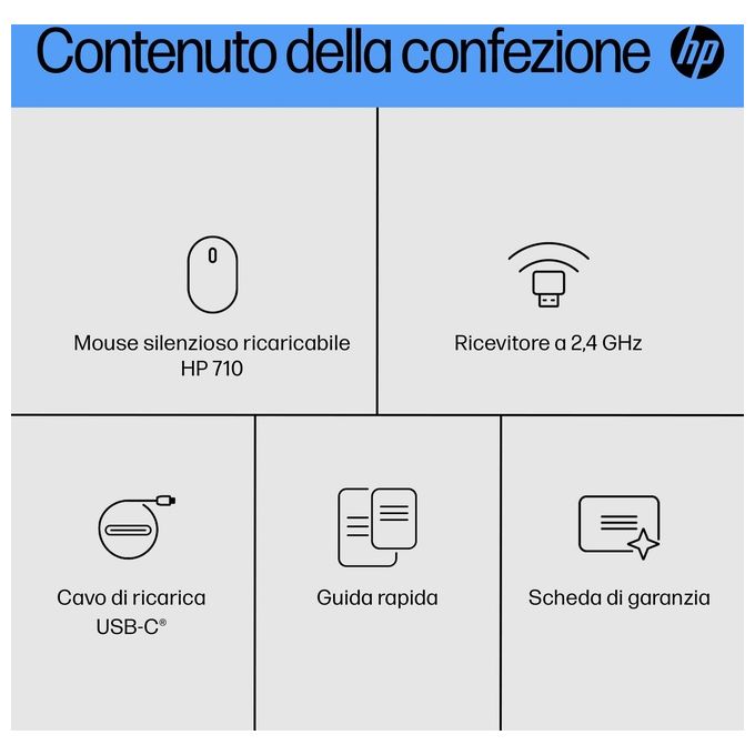 HP 6E6F2AA#ABB Mouse Silenzioso Ricaricabile 710 Wireless RF + Bluetooth 3000 DPI 7 Tasti Programmabili USB-C colore Nero