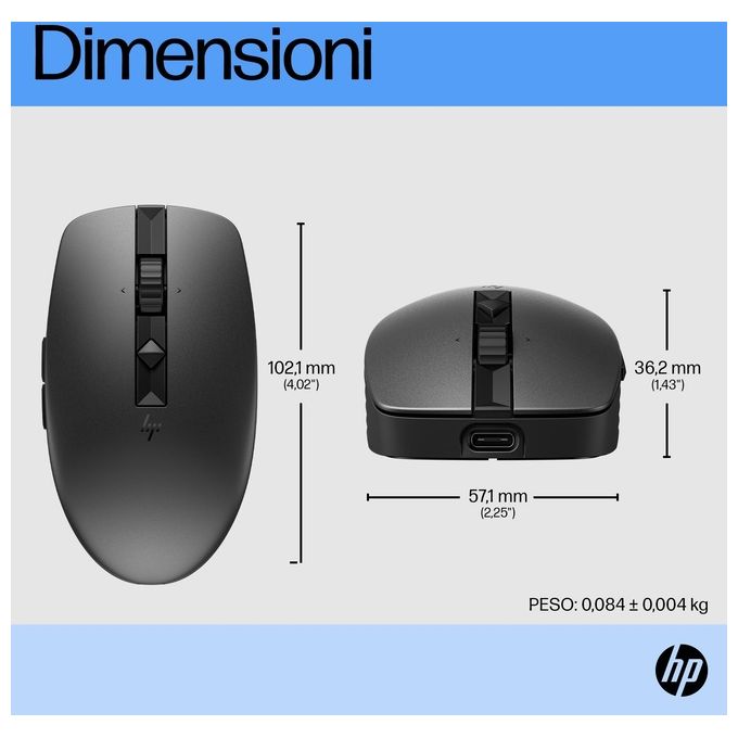 HP 6E6F2AA#ABB Mouse Silenzioso Ricaricabile 710 Wireless RF + Bluetooth 3000 DPI 7 Tasti Programmabili USB-C colore Nero
