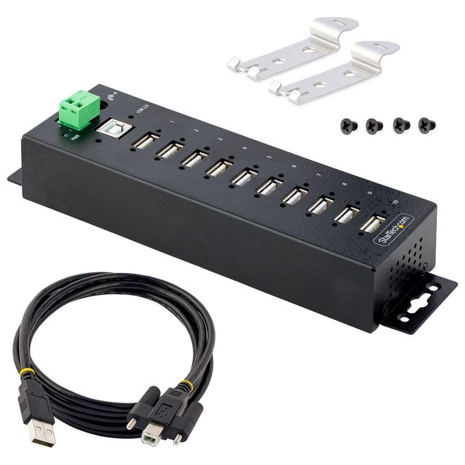 StarTech USB210AIND-USB-A-HUB Hub USB 2.0 Industriale 10 Porte Bloccabili Protezione ESD Livello 4 Montaggio DIN Parete Scrivania colore Nero