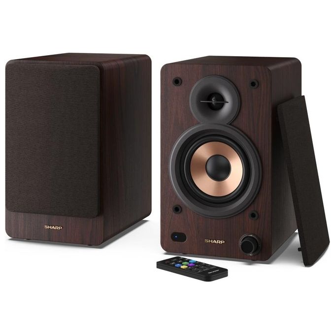 Sharp CP-SS30BR Altoparlanti Bookshelf 2 vie 2.0 canali 60 W Bluetooth 5.0 Ingresso AUX RCA Ottico USB Telecomando colore Marrone