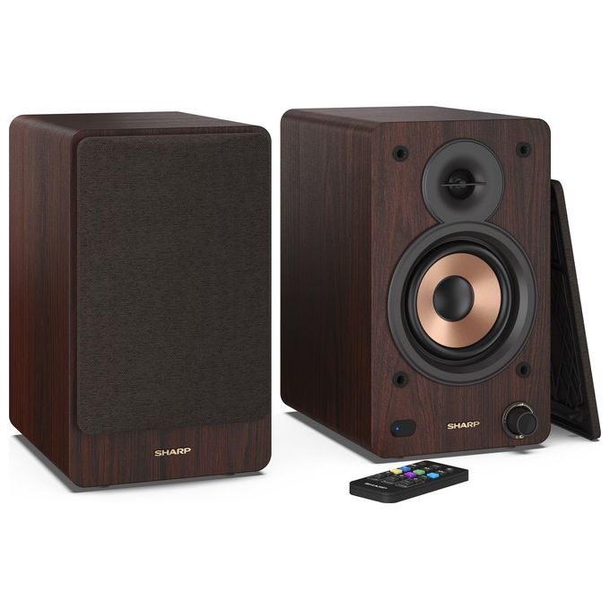 Sharp CP-SS30BR Altoparlanti Bookshelf 2 vie 2.0 canali 60 W Bluetooth 5.0 Ingresso AUX RCA Ottico USB Telecomando colore Marrone