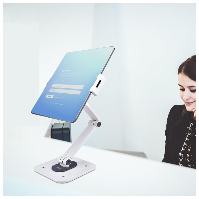 StarTech ADJ-TABLET-STAND-W Supporto per Tablet da Tavolo Regolabile e Articolato Altezza Fino a 47 cm Rotazione 360° Orientamento +--52° Colore Bianco