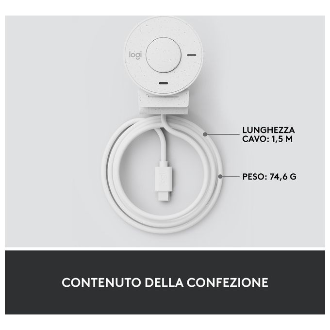Logitech 960-001442 Brio 300 Webcam Full HD 1080p USB-C con Microfono Riduzione Rumore Copriobiettivo Privacy Certificata per Zoom Microsoft Teams Google Meet colore Bianco