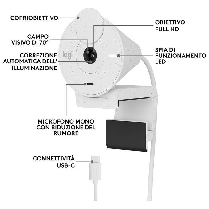 Logitech 960-001442 Brio 300 Webcam Full HD 1080p USB-C con Microfono Riduzione Rumore Copriobiettivo Privacy Certificata per Zoom Microsoft Teams Google Meet colore Bianco