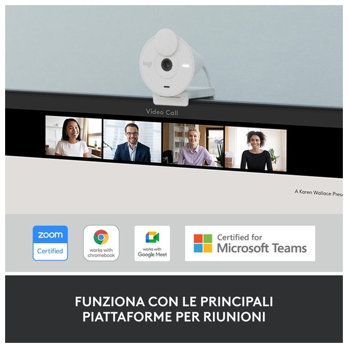 Logitech 960-001442 Brio 300 Webcam Full HD 1080p USB-C con Microfono Riduzione Rumore Copriobiettivo Privacy Certificata per Zoom Microsoft Teams Google Meet colore Bianco