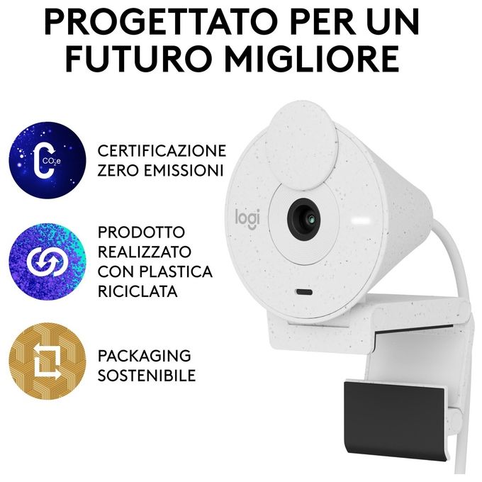 Logitech 960-001442 Brio 300 Webcam Full HD 1080p USB-C con Microfono Riduzione Rumore Copriobiettivo Privacy Certificata per Zoom Microsoft Teams Google Meet colore Bianco