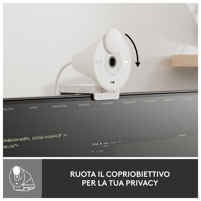 Logitech 960-001442 Brio 300 Webcam Full HD 1080p USB-C con Microfono Riduzione Rumore Copriobiettivo Privacy Certificata per Zoom Microsoft Teams Google Meet colore Bianco