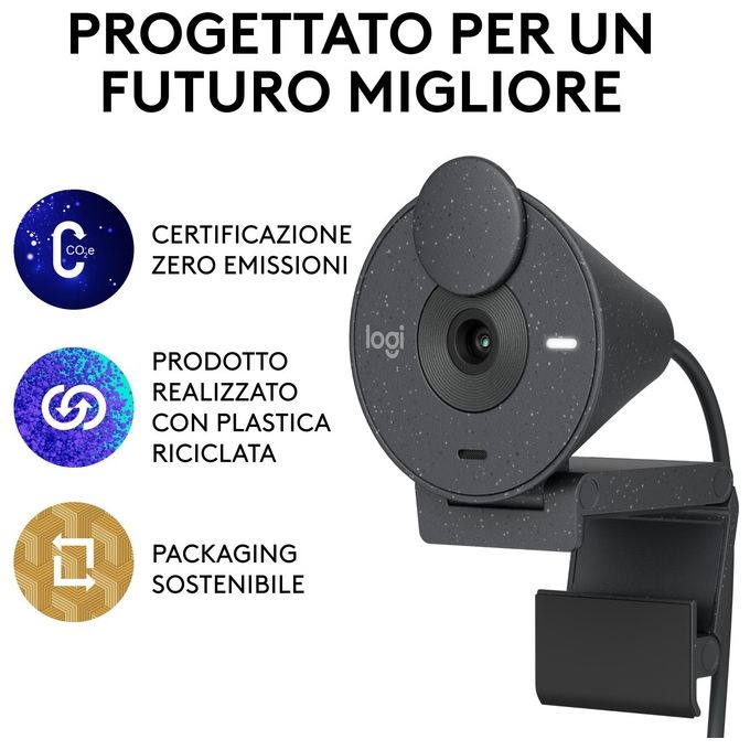 Logitech 960-001436 Brio 300 Webcam Full HD 1080p 2 MP USB-C Microfono Riduzione Rumore Otturatore Privacy colore Grafite