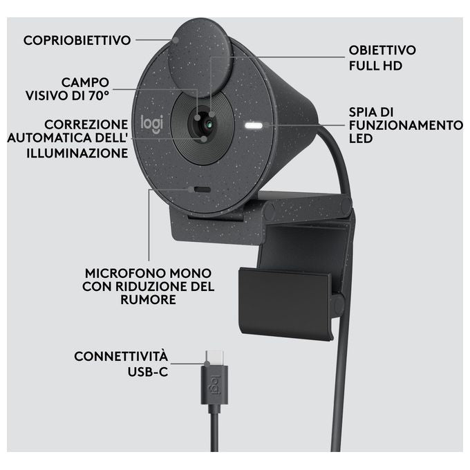 Logitech 960-001436 Brio 300 Webcam Full HD 1080p 2 MP USB-C Microfono Riduzione Rumore Otturatore Privacy colore Grafite