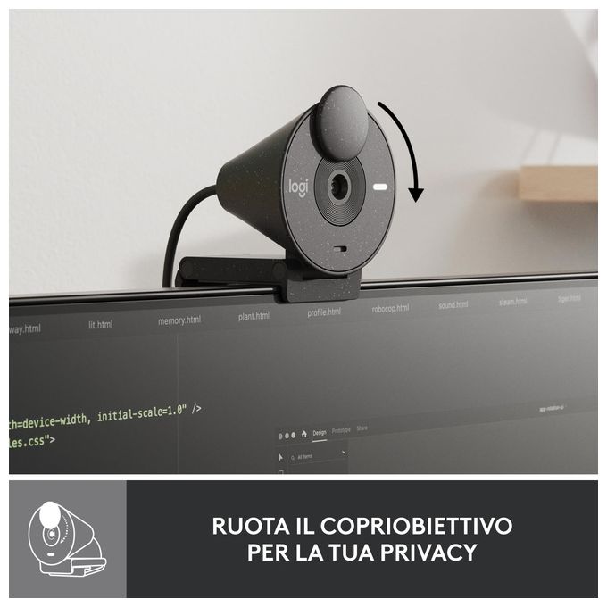 Logitech 960-001436 Brio 300 Webcam Full HD 1080p 2 MP USB-C Microfono Riduzione Rumore Otturatore Privacy colore Grafite
