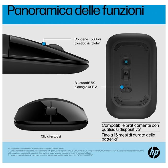 HP 758A8AA#ABB Z3700 Dual Mouse Wireless RF 1600 DPI 3 Tasti Silenzioso Multi-dispositivo colore Nero